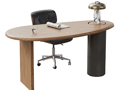 Wooden Oval Desk And Black Leather Chair With Glass Magazine And Marble Base Table Lamp 3d model