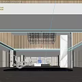Modern Reception Desk Area With Wooden Panel Walls Crystal Chandelier And Marble Countertop