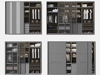 Modern Wardrobe Interior Design With Hanging Rods Folded Clothes Drawers And Shoes 3d model