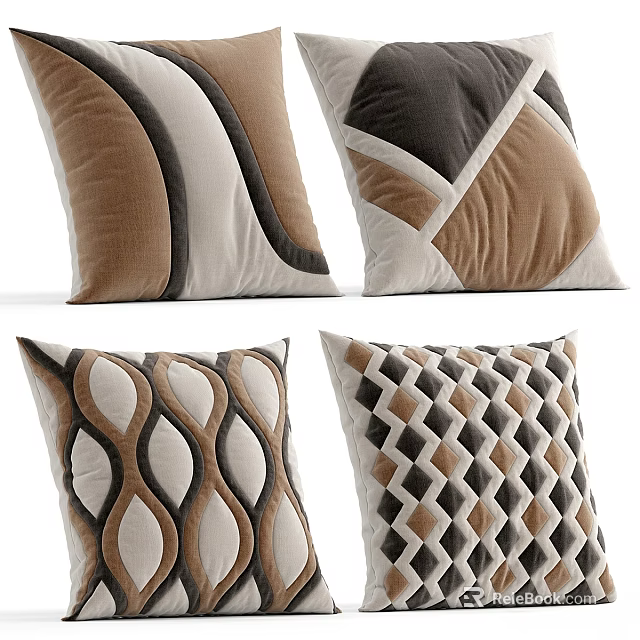 Decorative Modern Throw Pillows Featuring Brown Beige Black Geometric Wavy Textured Patterns 3d model