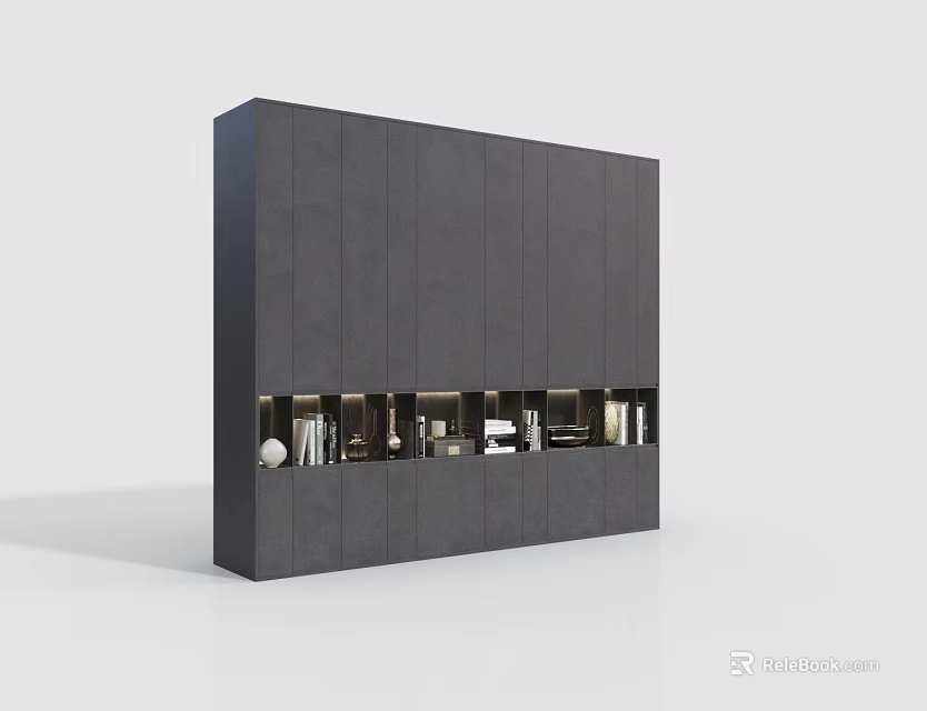 Modern Gray Wardrobe With Multiple Doors And Open Display Shelves Design 3d model 
