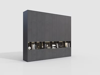 Modern Gray Wardrobe With Multiple Doors And Open Display Shelves Design 3d model