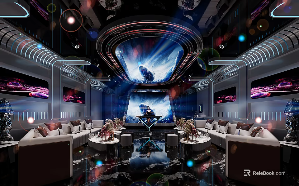 Luxurious Modern KTV Room Interior With Large Screen Sofas And Lighting Effects 3d model 