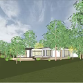 Modern Minimalist White House Exterior With Lawn Trees Blue Sky And Wooden Steps