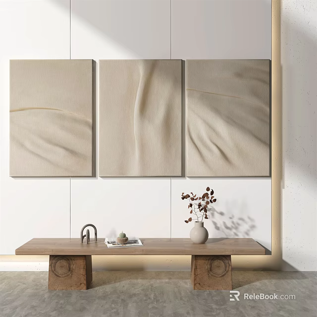 Interior Display With Three Beige Abstract Paintings Wooden Table And Decorative Vase 3d model 