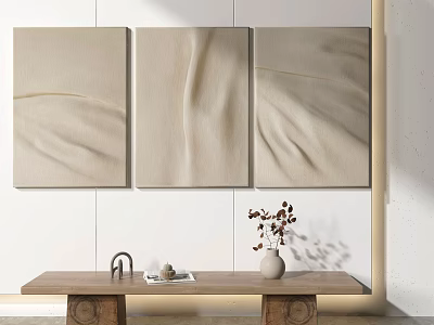 Interior Display With Three Beige Abstract Paintings Wooden Table And Decorative Vase 3d model