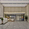 Modern Lobby Reception Desk With Marble Floor Plants Sofa And Display Shelves