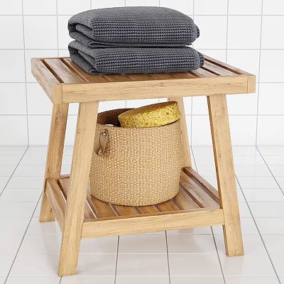 Wooden Bathroom Stand with Stacked Gray Towels and Wicker Basket Holding Yellow Sponge 3d model