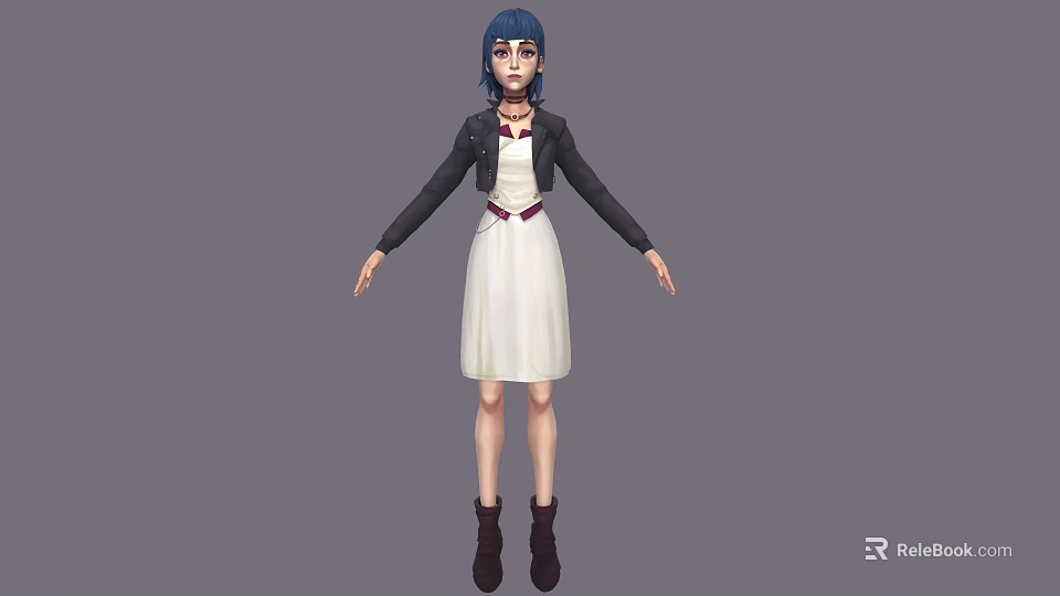 Blue haired woman in black jacket white dress purple belt black boots gray background 3d model 