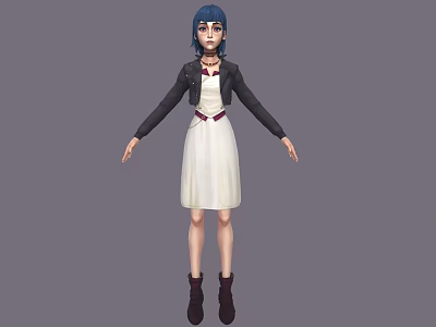 Blue haired woman in black jacket white dress purple belt black boots gray background 3d model
