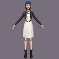 Blue haired woman in black jacket white dress purple belt black boots gray background