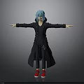 3D Character Model With Blue Hair Black Long Coat Red Shoes And Outstretched Arms