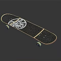 Stylish Black Skateboard Deck With White Graphic Design Yellow Wheels And Wooden Edge