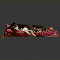 Adorable Dog Resting On Soft Pink Patterned Blanket Over Wooden Mat