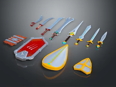 Assorted Weapons Collection Including Swords Daggers Shields With Colorful Decorative Designs 3d model