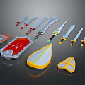 Assorted Weapons Collection Including Swords Daggers Shields With Colorful Decorative Designs