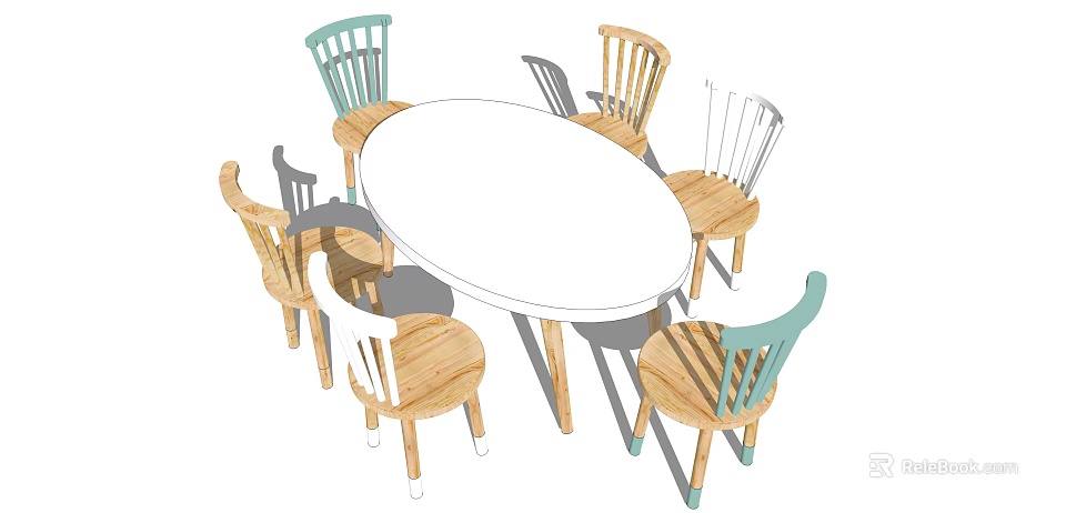 Oval Wooden Kids Table With Colorful Chairs And Playful Design For Children 3d model 