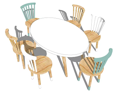 Oval Wooden Kids Table With Colorful Chairs And Playful Design For Children 3d model