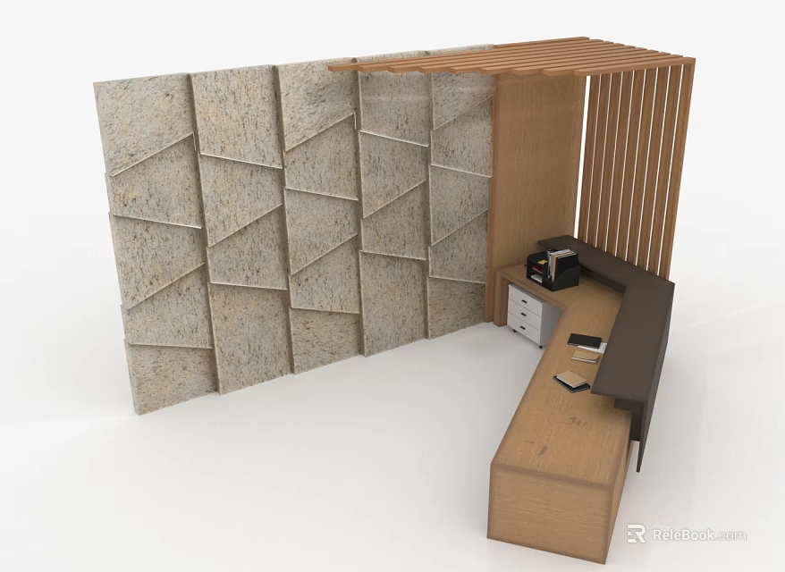 Modern Office Furniture Featuring Geometric Wall Panels L Shaped Wooden Desk And Slatted Partition 3d model 