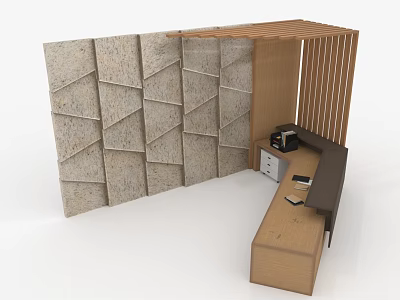 Modern Office Furniture Featuring Geometric Wall Panels L Shaped Wooden Desk And Slatted Partition 3d model
