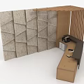 Modern Office Furniture Featuring Geometric Wall Panels L Shaped Wooden Desk And Slatted Partition
