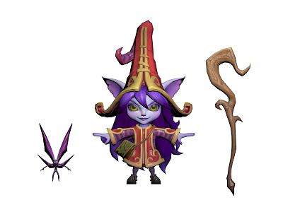 Elf Character With Red Pointed Hat And Purple Hair Standing By Small Creature And Wooden Staff 3d model