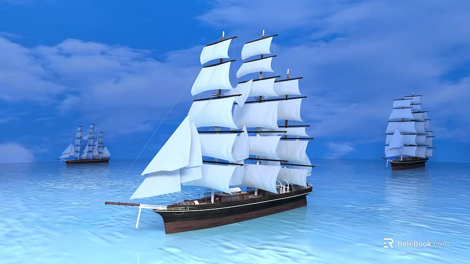 Classic Sailing Ship With White Sails Navigating On Calm Blue Ocean Under Sky 3d model 