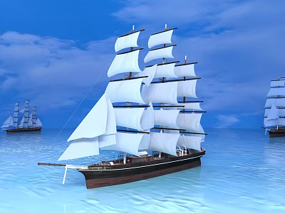 Classic Sailing Ship With White Sails Navigating On Calm Blue Ocean Under Sky 3d model