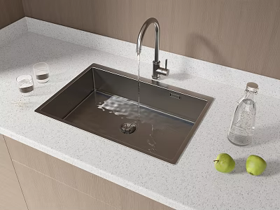 Stainless Steel Kitchen Sink With Faucet Running Water On White Countertop And Green Apples 3d model