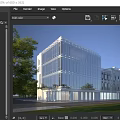 Modern Office Building Exterior With Glass Curtain Wall Greenery And Clear Blue Sky
