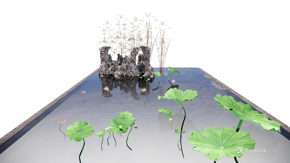 Small Garden Ornament With Lotus Leaves Flowers And Rock Formations In Pond 3d model 