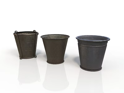 Three Black Metal Utility Buckets With Various Designs And Classic Shapes For Storage 3d model