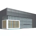 Modern Office Building With Glass Curtain Wall Metal Panels Wooden Accent And Pedestrian Area