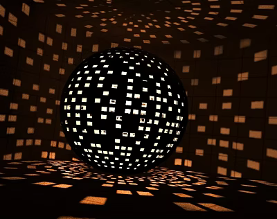Black Sphere Featuring Square Holes With Light Shadow Projections On Walls And Floor 3d model