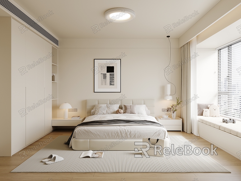 Cream Wind Bedroom Cream Wind Double Bed Cream Wind Ceiling Lamp Picture Table Lamp Small Chandelier Carpet Curtain model