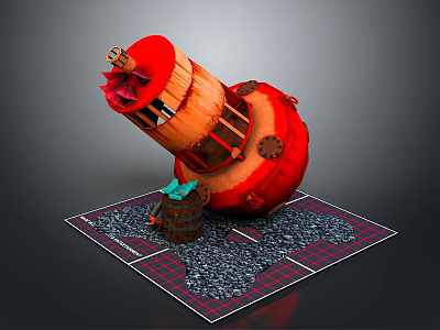 3D Model Red Mechanical Cannon With Wooden Structure Grated Base And Barrel 3d model
