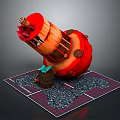 3D Model Red Mechanical Cannon With Wooden Structure Grated Base And Barrel