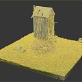 Miniature Scene with Gray Wooden Cabin Stone Base Ladder Green Grass and Small Tree