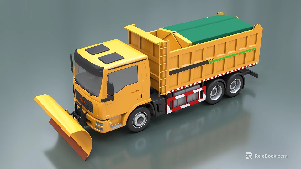 Yellow Utility Vehicle Dump Truck with Green Top Cover and Front Snow Plow 3d model 