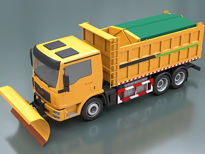 Yellow Utility Vehicle Dump Truck with Green Top Cover and Front Snow Plow 3d model