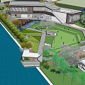 Modern Sales Office Building With Curved Roof Riverside Water Features And Greenery