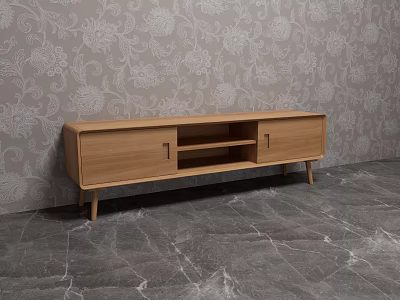 Minimalist Wooden TV Stand With Cabinet Doors Open Shelf And Slender Legs On Marble Floor 3d model