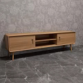 Minimalist Wooden TV Stand With Cabinet Doors Open Shelf And Slender Legs On Marble Floor