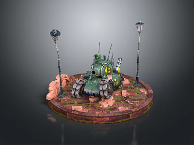 Green Military Model Tank with Street Lamps and Brick Decorations on Circular Base 3d model