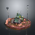 Green Military Model Tank with Street Lamps and Brick Decorations on Circular Base
