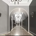 Elegant Shopping Mall Corridor With Arched Doorways Chandeliers And Marble Flooring