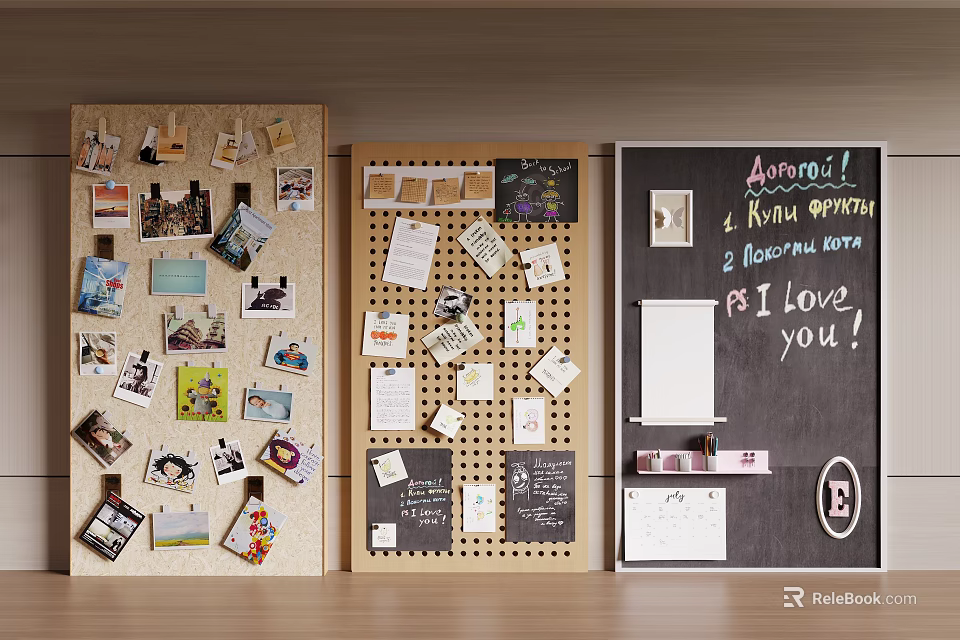 Decorative Message Boards With Photos Notes And Handwritten Messages At Home 3d model 