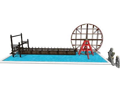 Garden Ornament With Red Waterwheel Wooden Bridge And Stone Statues By Pool 3d model