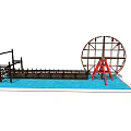 Garden Ornament With Red Waterwheel Wooden Bridge And Stone Statues By Pool
