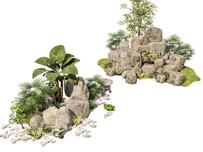 Rockery Stones Landscape With Palm Like Plants Bamboo Small Green Plants Pebbles And Grass 3d model
